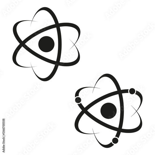 Atomic structure icon. Scientific molecule illustration. Abstract energy symbol. Black and white contrast.