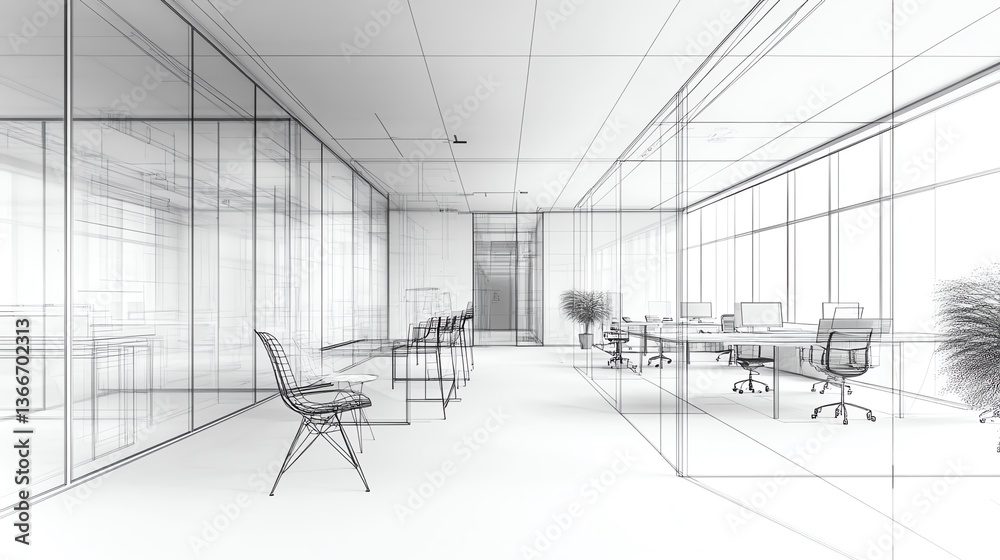 Wireframe design of an office interior on a white background, showcasing the concept of architectural planning Generative AI Wireframe design of an office interior on a white background, showcasing the concept of architectural planning Generative AI