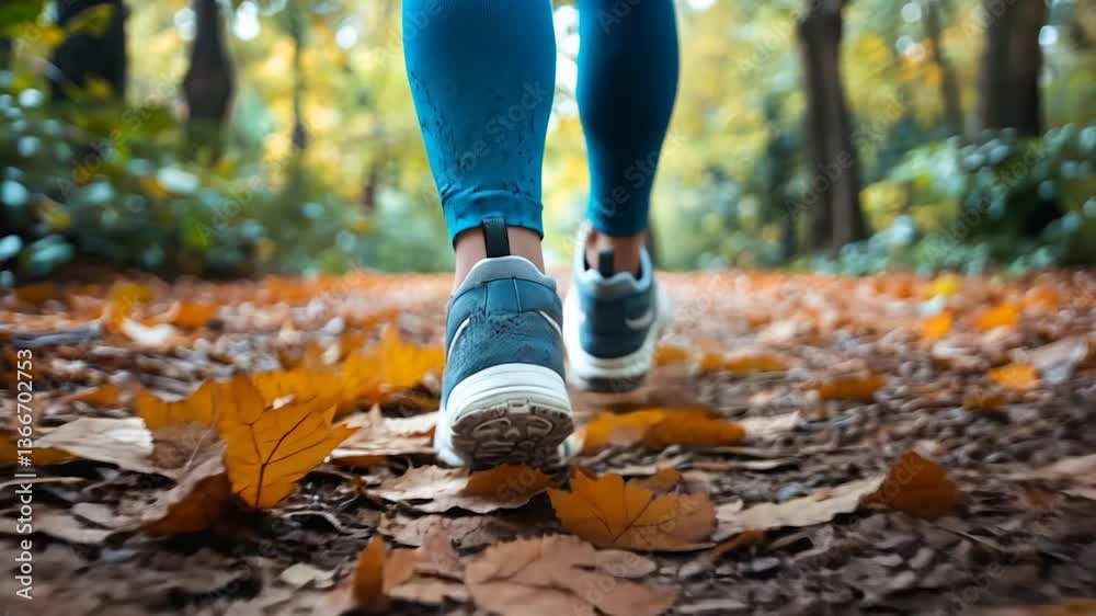 Close-up of runner's feet on autumn trail. Close-up of runner's feet on autumn trail.
