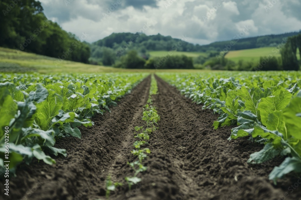 Rows of Green Cabbage Plants in Field, Rural Landscape with Mountains, Cloudy Sky - Agriculture Rows of Green Cabbage Plants in Field, Rural Landscape with Mountains, Cloudy Sky - Agriculture