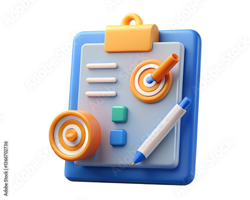 Illustrated clipboard with targets pen and blocks representing planning and achieving goals visually transparent background