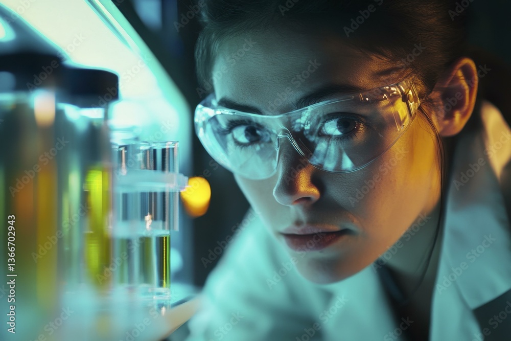 Hispanic Woman Scientist in Lab with Chemical Test Tubes, Safety Goggles, Chemistry Hispanic Woman Scientist in Lab with Chemical Test Tubes, Safety Goggles, Chemistry