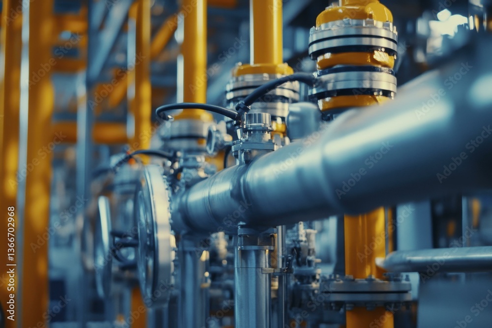 Industrial piping system with yellow supports and metallic pipes Industrial piping system with yellow supports and metallic pipes