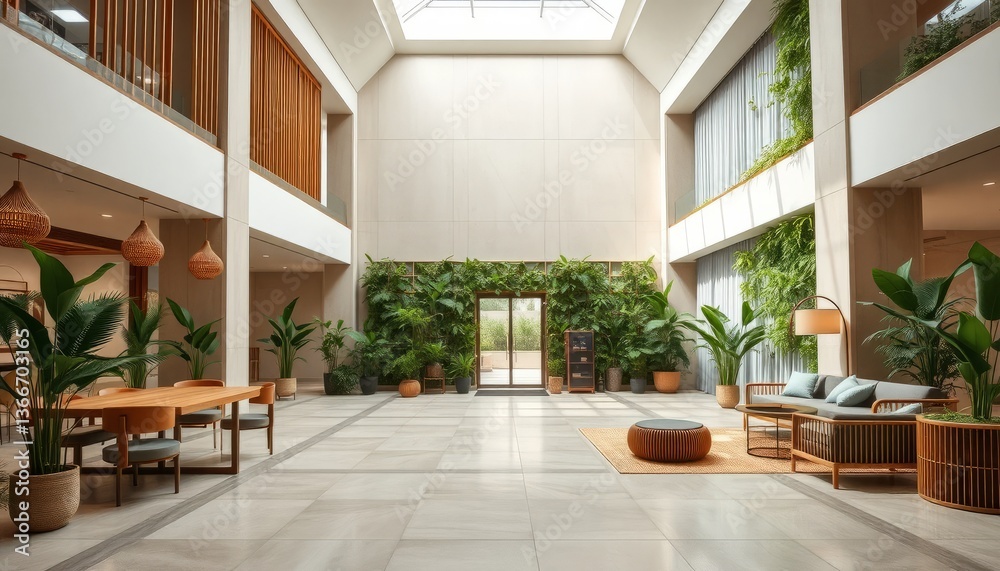 Fototapeta premium Modern Lobby Interior Design Featuring Lush Greenery and Natural Light