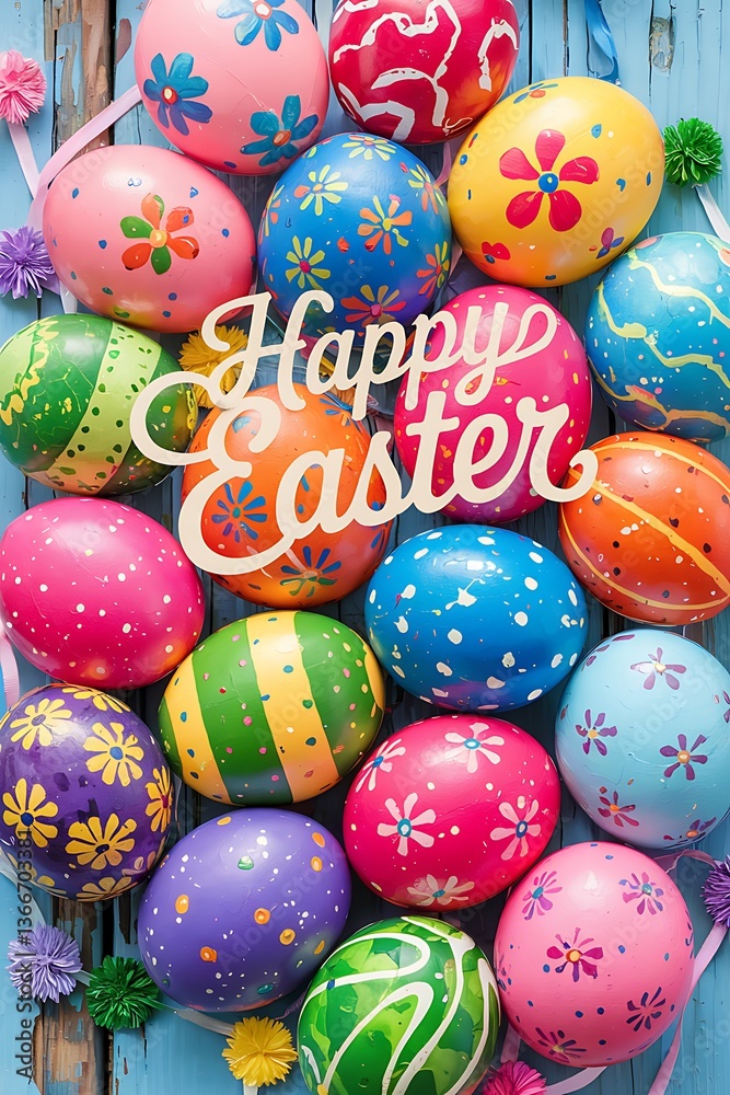 Vibrant Hand-Painted Easter Eggs with Unique Artistic Patterns Colorful Designs Arranged on Rustic Blue Wooden Surface with Festive Spring Elements for a Cheerful and Joyful Easter Holiday Celebration Vibrant Hand-Painted Easter Eggs with Unique Artistic Patterns Colorful Designs Arranged on Rustic Blue Wooden Surface with Festive Spring Elements for a Cheerful and Joyful Easter Holiday Celebration