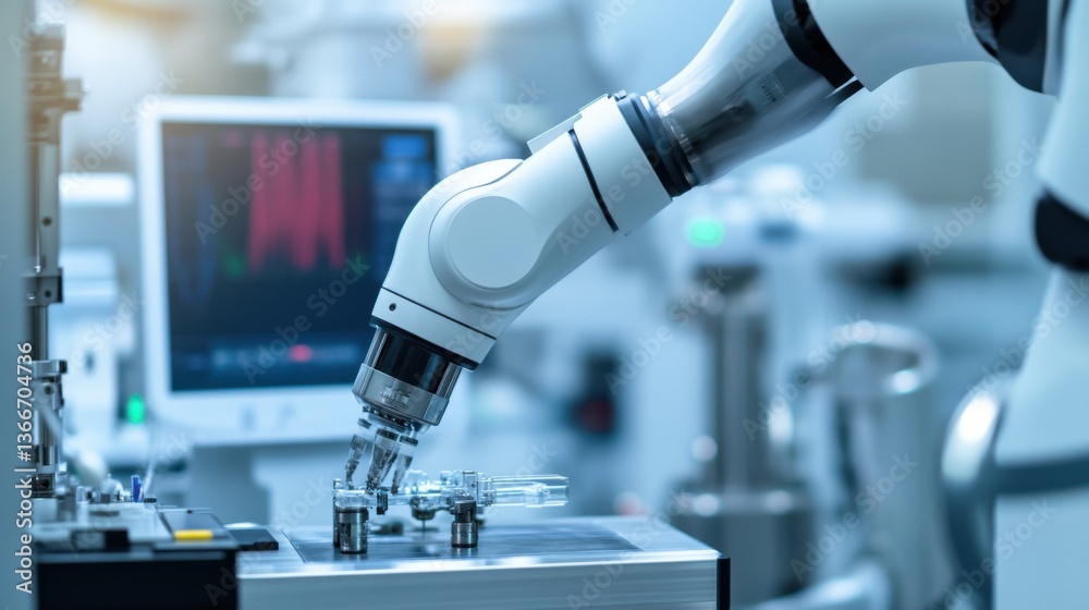 A robotic arm in an advanced cleanroom facility, assembling semiconductor chips for high-performance electronics, Tech style A robotic arm in an advanced cleanroom facility, assembling semiconductor chips for high-performance electronics, Tech style
