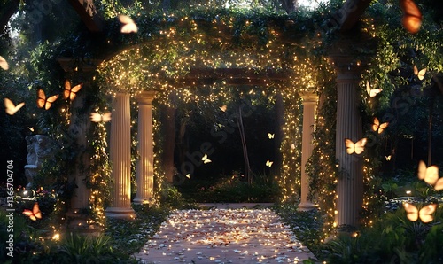 Fototapeta Naklejka Na Ścianę i Meble -  Beautiful garden pathway surrounded by luminous lights and graceful butterflies