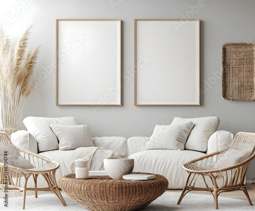Two large blank wall art frame mockups on the same gray wall, in a modern living room with a white sofa and coffee table, neutral tones, cozy but minimalistic decor.