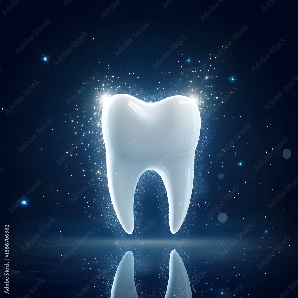 A white tooth model floating in space, against a dark blue background, with high-resolution, glowing, and sparkling effects. A close-up of a white molar teeth model. A white tooth model floating in space, against a dark blue background, with high-resolution, glowing, and sparkling effects. A close-up of a white molar teeth model.
