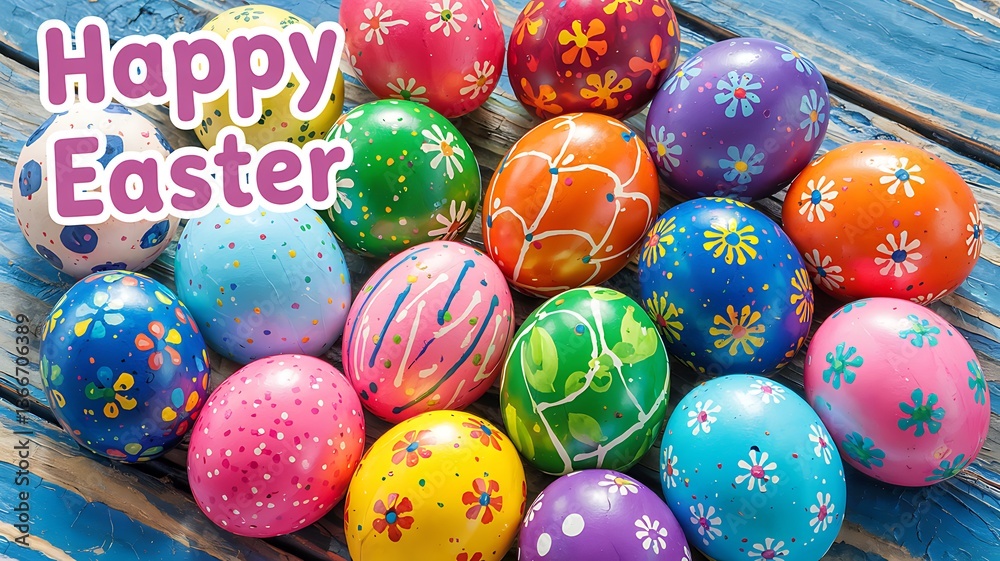 Fototapeta premium Vibrant Hand-Painted Easter Eggs with Unique Artistic Patterns Colorful Designs Arranged on Rustic Blue Wooden Surface with Festive Spring Elements for a Cheerful and Joyful Easter Holiday Celebration
