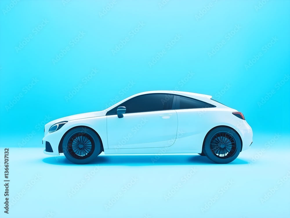 3D rendering of a white electric car isolated on a blue background, in a minimalist style with soft lighting and high resolution. 3D rendering of a white electric car isolated on a blue background, in a minimalist style with soft lighting and high resolution.