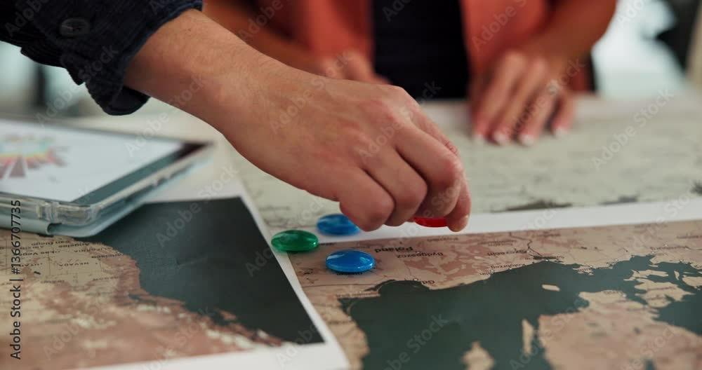 Hands, people and pin on map in office of target location, global selection and planning of project. Staff, explain and choice with meeting closeup, wind resource and geographical charts for landmark Hands, people and pin on map in office of target location, global selection and planning of project. Staff, explain and choice with meeting closeup, wind resource and geographical charts for landmark