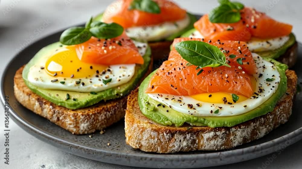 Delicious avocado toast topped with fried egg, smoked salmon, and basil. Delicious avocado toast topped with fried egg, smoked salmon, and basil.