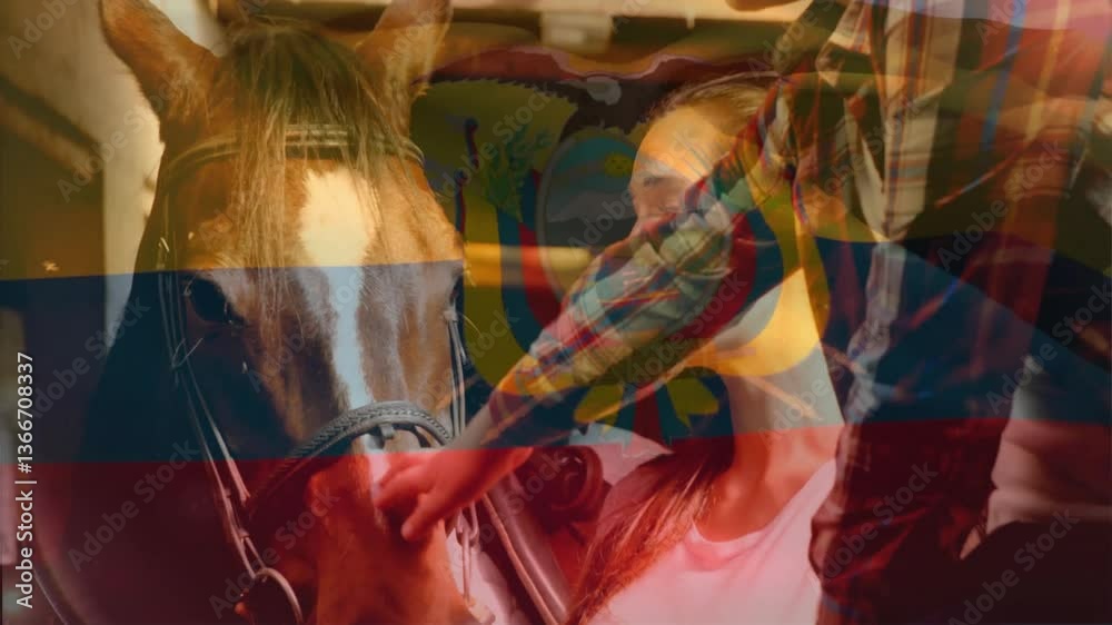 In stable, child petting horse with Ecuador flag animation overlay