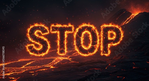 Fiery stop text over lava flow with volcanic mountain background- design, text, vector, exclamation, message, interjection, letter