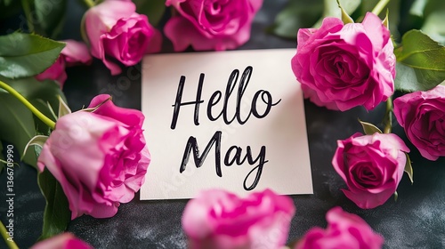 Hello May surrounded by beautiful pink roses.