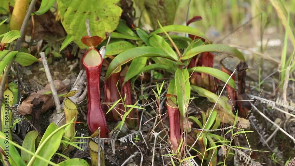 Tropical Nepenthes Reinwardtiana or Tropical Pitcher Plant at Meratus Mountain, Borneo Rainforest, Indonesia