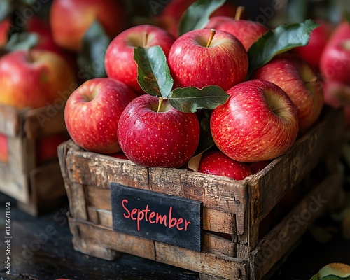 Fresh apples in a rustic wooden crate.