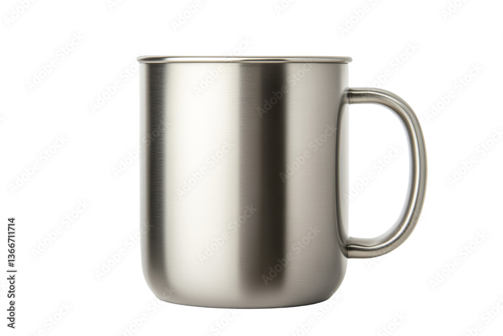 Silver coffee cup with a handle sits on a white background, isolated Silver coffee cup with a handle sits on a white background, isolated