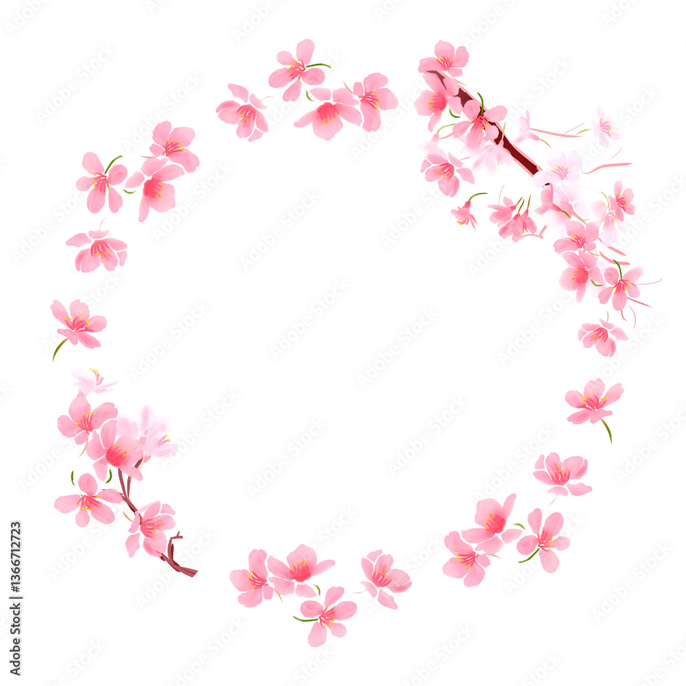 Painted wreath of pink Sakura. Floral Design Element for Birthday, New Year, Christmas Card, Wedding Invitation, Marketing, Advertising and Presentation. Painted wreath of pink Sakura. Floral Design Element for Birthday, New Year, Christmas Card, Wedding Invitation, Marketing, Advertising and Presentation.