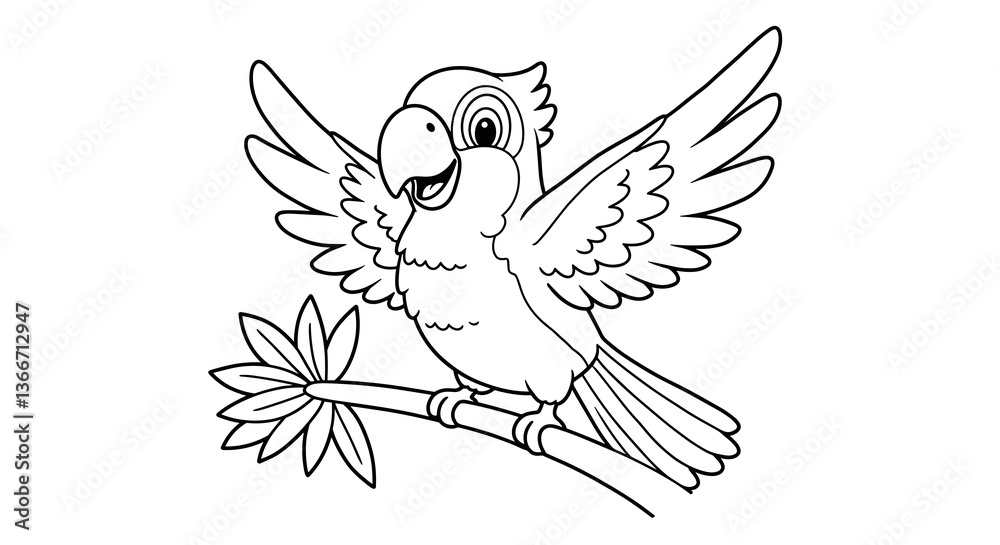 Obraz premium Cheerful parrot coloring page design with wings raised 