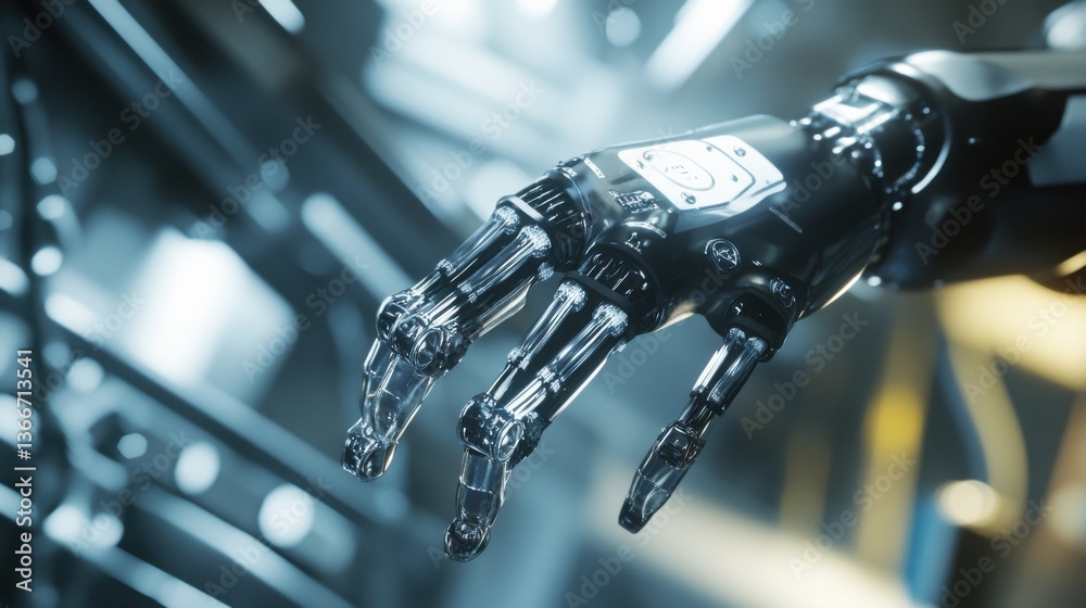 Fototapeta premium A robotic arm in an AI controlled semiconductor fabrication plant, aligning nanowire transistors for quantum computers, Quantum-tech style