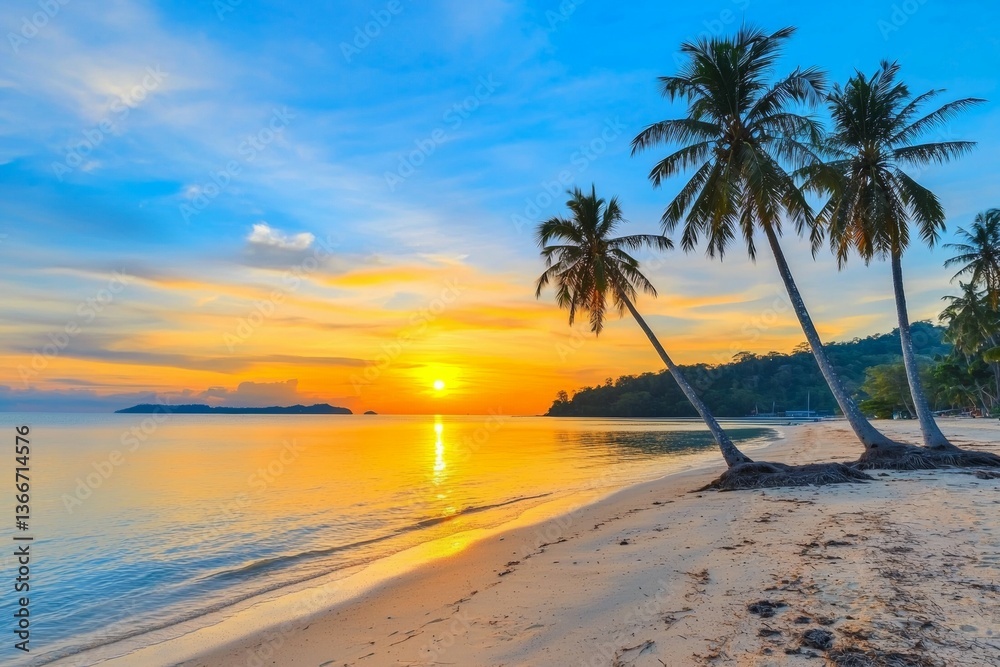 Fototapeta premium Beautiful beach with palm trees and a sunset in the background