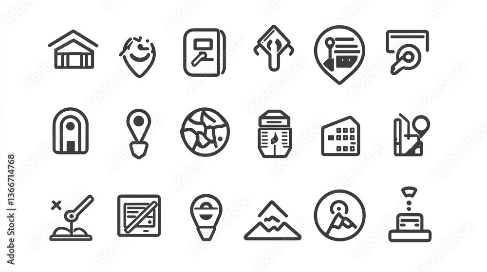 Icons Representing Various Buildings Earth Features and Navigation Concepts Icons Representing Various Buildings Earth Features and Navigation Concepts