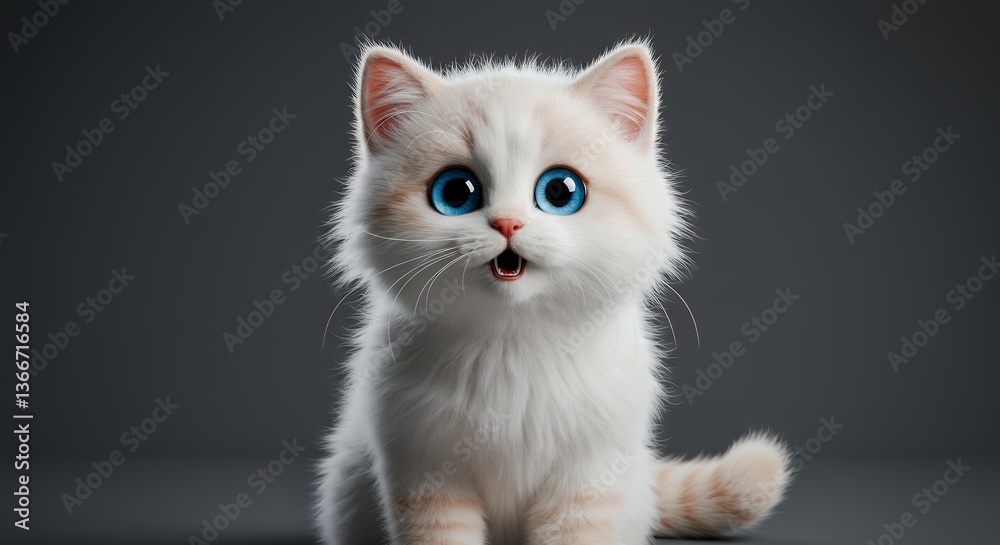 Fototapeta premium Cute White Kitten with Blue Eyes Looking Curious on Gray Background