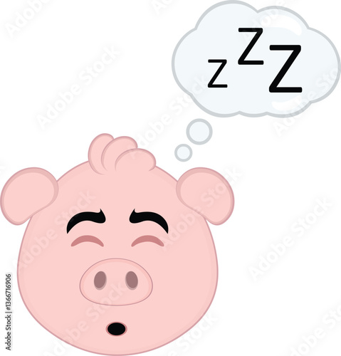 vector illustration emoji character face pig cartoon,  sleeping and a cloud thought with the text zzz