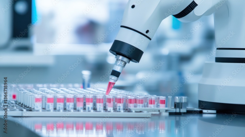 A robotic arm in an automated medical diagnostics facility, preparing and analyzing blood samples for AI-powered disease detection, Medical-tech style A robotic arm in an automated medical diagnostics facility, preparing and analyzing blood samples for AI-powered disease detection, Medical-tech style