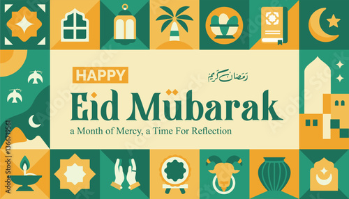 abstract geometric pattern of eid al fitr, green ramadan kareem with various islamic icons and symbols for poster and cover