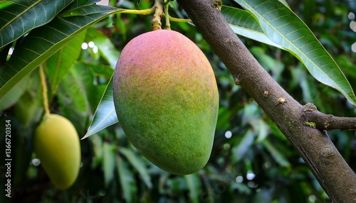A close-up view of a ripe mango hanging from a sturdy tree branch, surrounded by lush green leaves.