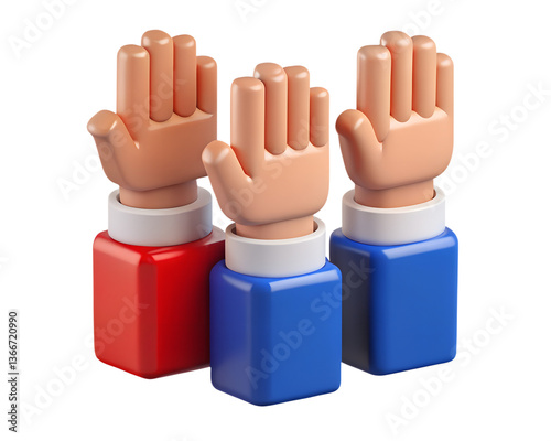Three cartoon hands raised with colorful bases against a transparent background image render view transparent background