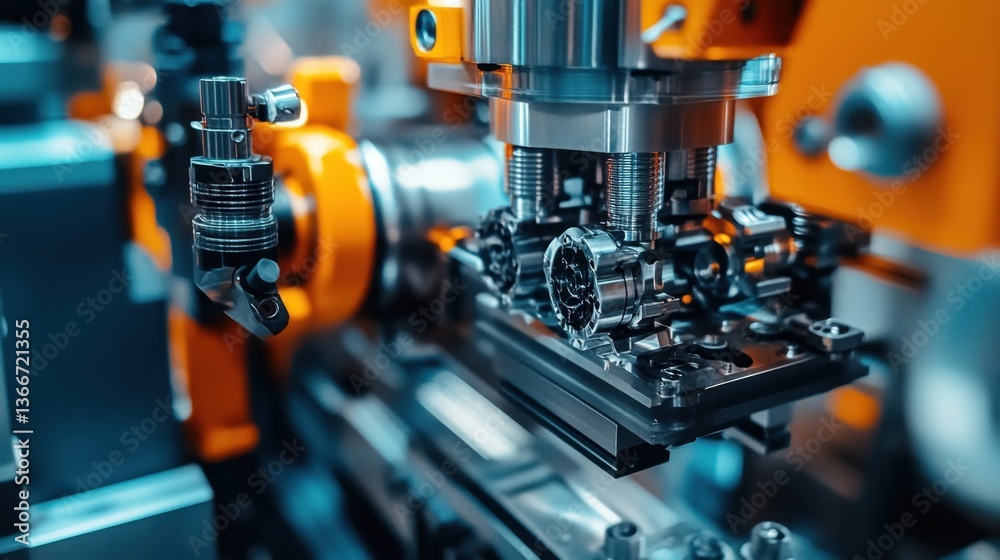 A high-speed assembly line manufacturing high-precision components. A high-speed assembly line manufacturing high-precision components.