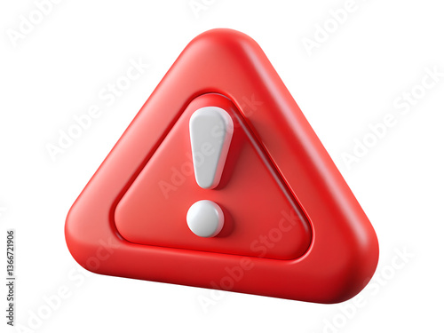 A glossy crimson triangle with a white exclamation point against a featureless background rendering style transparent background