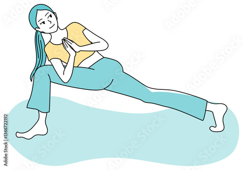 ヨガのプレイヤーズツイストのポーズをする女性のシンプルな線画のベクターイラストレーション