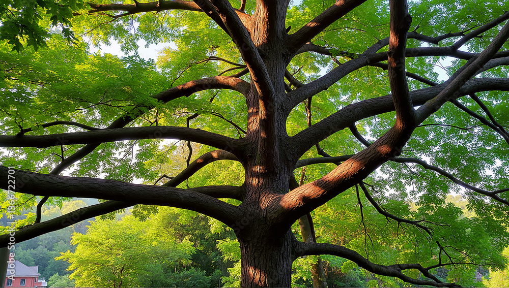 Fototapeta premium Majestic Tree with Lush Green Foliage and Twisting Branches