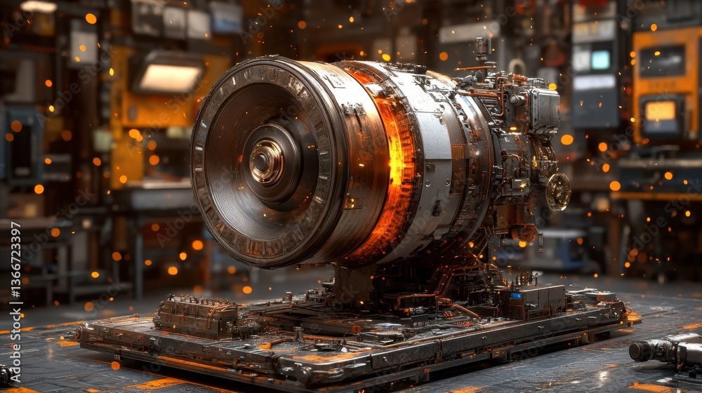 A highly detailed view of a mechanical flywheel in motion, storing energy. A highly detailed view of a mechanical flywheel in motion, storing energy.
