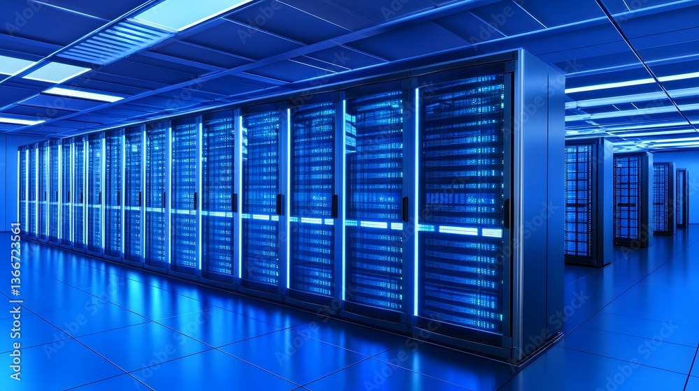 Fototapeta premium Glowing server racks in a modern data center, showcasing advanced technology and digital infrastructure