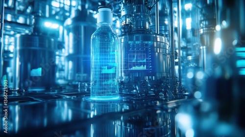 A holographic display of a chemical engineering simulation with data charts.