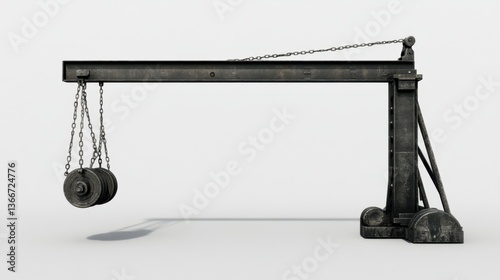 A mechanical lifting crane with a detailed pulley and counterweight system.