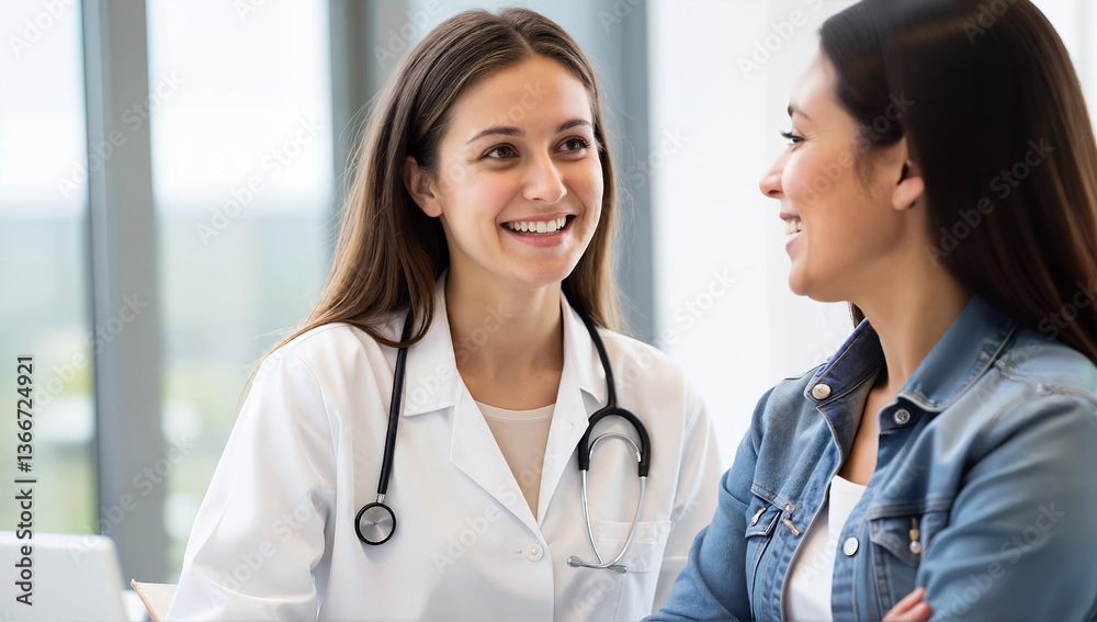 Cheerful doctor and patient in a modern medical office conversation Cheerful doctor and patient in a modern medical office conversation