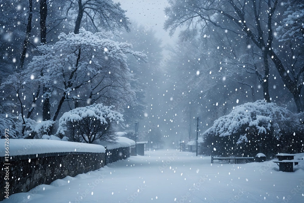 Naklejka premium Serene Snowfall in a Chilly Winter Scenery