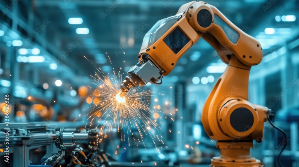 A robotic welding arm in action, fusing two metal components with bright sparks. A robotic welding arm in action, fusing two metal components with bright sparks.