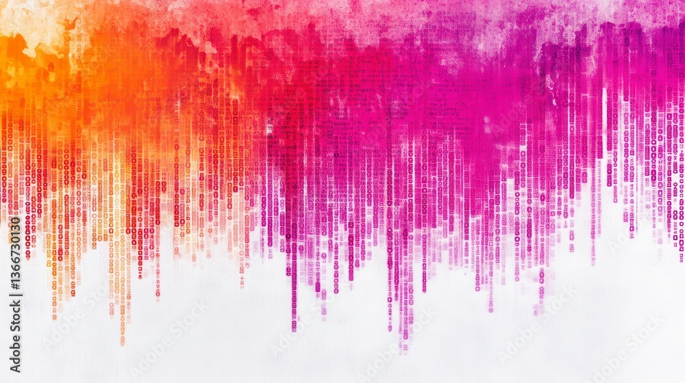 Obraz premium Abstract digital background featuring a vibrant gradient of orange and pink hues with flowing binary code patterns