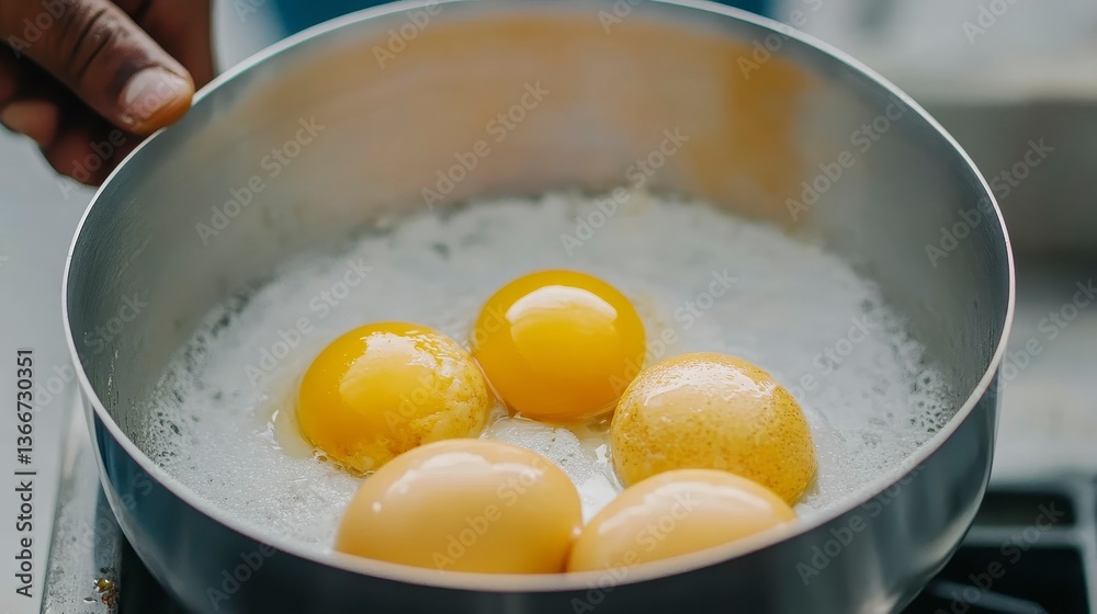 Golden egg yolks gently simmering in a stainless steel pan over a stovetop, showcasing culinary preparation and freshness. Golden egg yolks gently simmering in a stainless steel pan over a stovetop, showcasing culinary preparation and freshness.