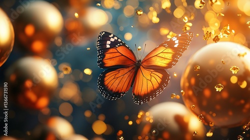 Butterfly dancing among golden orbs nature wildlife ethereal close-up transformation