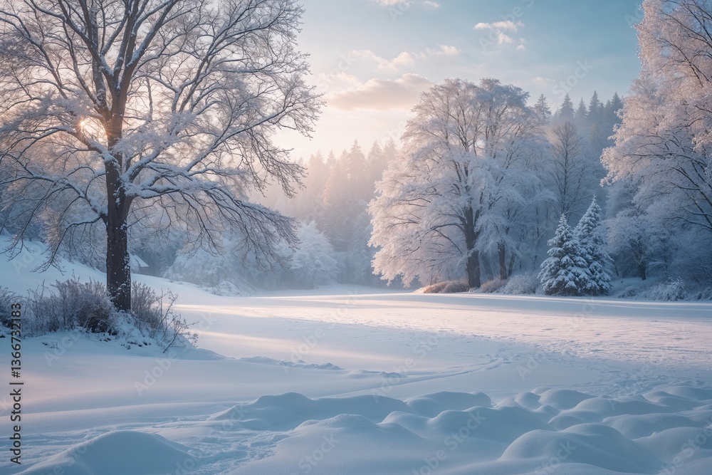 Fototapeta premium Serene Snowy Winter Landscape Embracing Peaceful Stillness and Tranquil Charm
