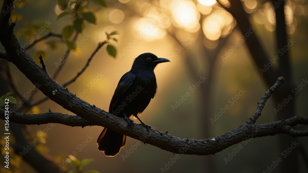 solitary black bird perched branch, surrounded by soft, golden glow of sunlight filtering through trees, evokes serene solitary black bird perched branch, surrounded by soft, golden glow of sunlight filtering through trees, evokes serene